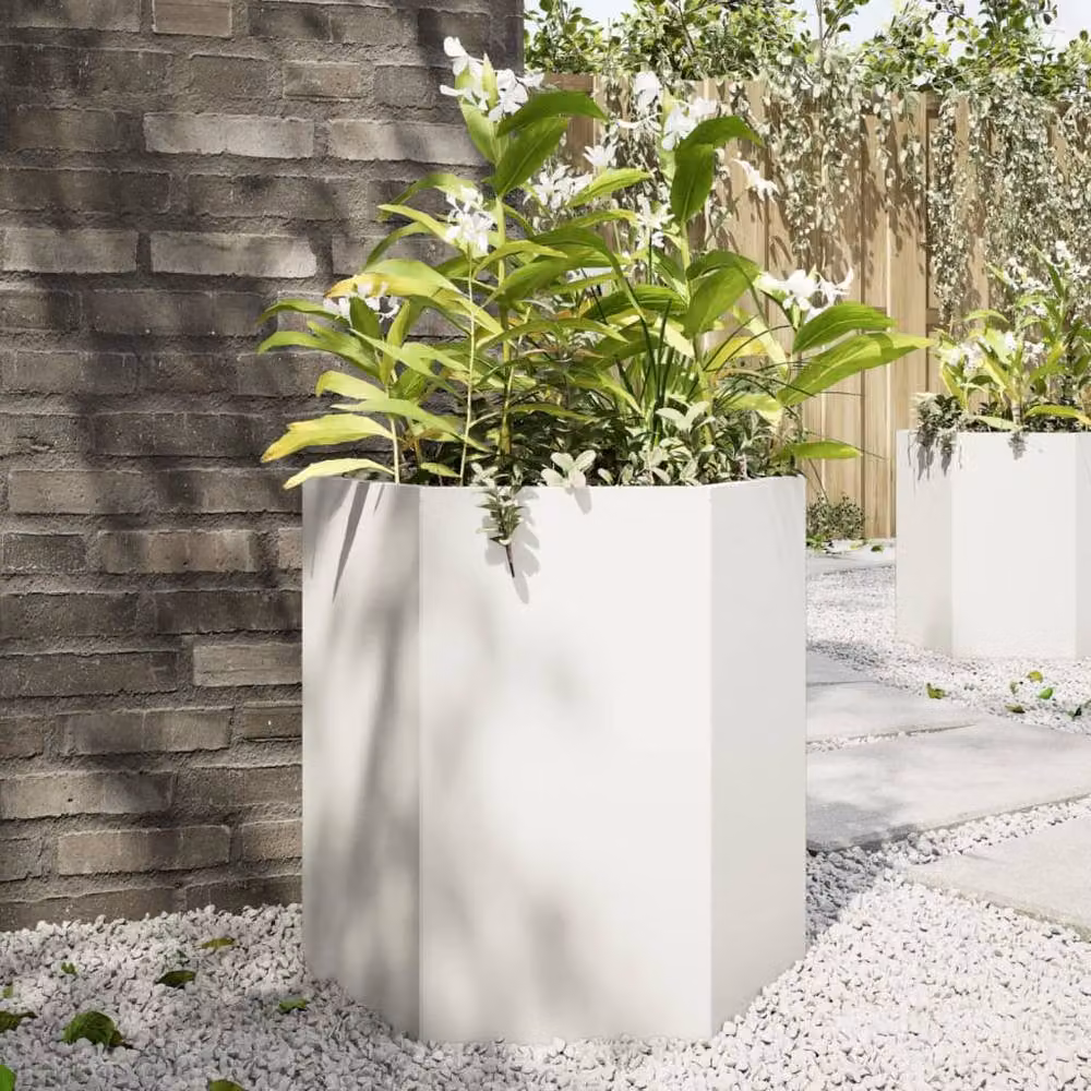 Berkfield Home Durable Steel Hexagon Garden Planter in White, W/D/H: 46 x 40 x 45 cm – 2