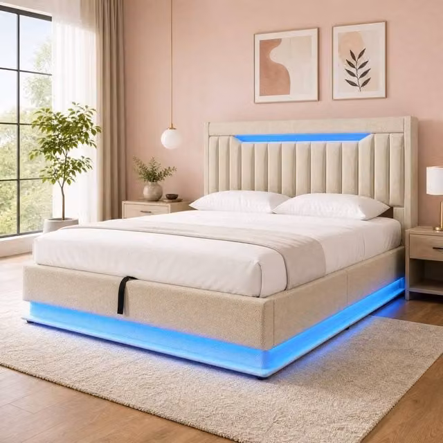 STILVORA 5ft King Bed Frame in Beige Linen with USB Charging Port, Bedside Shelf, Under-Bed Lighting and Lift-Up Base