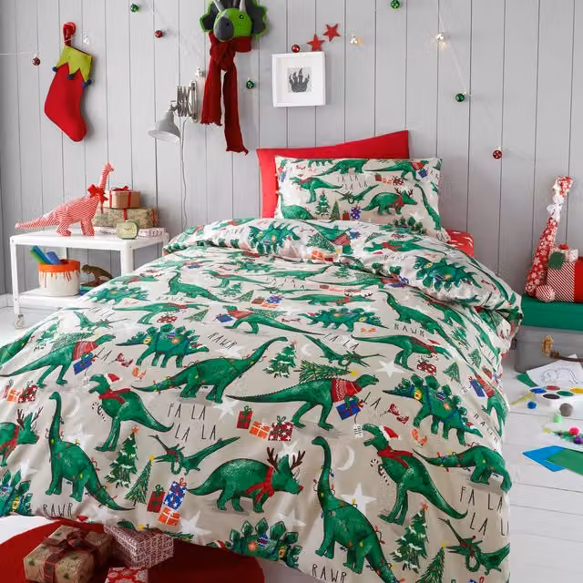 Happy Linen Company Christmas Dinosaur Glow In The Dark Reversible Duvet Cover Bedding Set in Taupe, Size: Single (90 x 200 cm) – 1