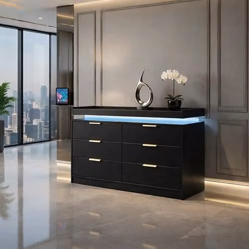 Harmin Modern 6-Drawer LED Chest in Black with Gold Handles, W: 116 cm, D: 40 cm, H: 80 cm