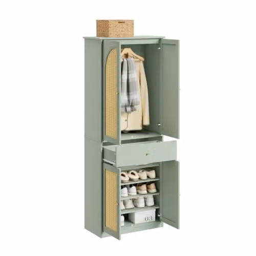 SoBuy Country House Wardrobe with Rattan Doors, Internal Drawers and Hanging Rail in Green and Yellow, H 180 x W 70 x D 40 cm