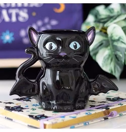 KDMD Cute and Creepy Bat Cat Ceramic Mug, Black, 500 ml