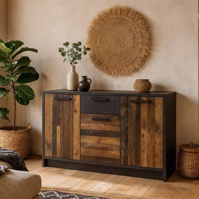 Wyld Haus Whimwick 3 Door 1 Drawer Industrial Base Unit in Walnut and Grey – 1