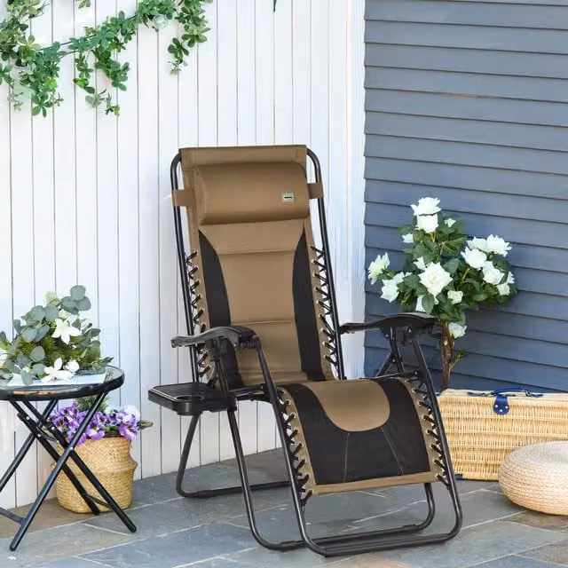 Outsunny Zero Gravity Folding Recliner Lounger with Cup Holder and Pillow, Brown