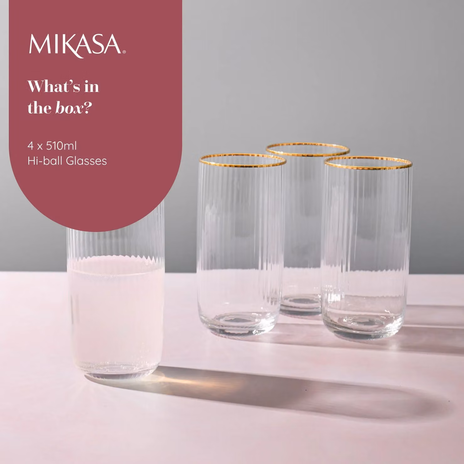 Mikasa Sorrento Ridged Lead-Free Crystal Highball Tumbler Glasses, Set of 4, 510 ml, Transparent/Gold – 4