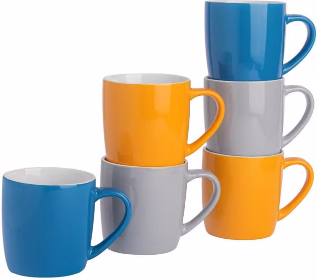 Argon Tableware Set of 6 Stoneware Coffee Mugs, 350ml, Blue, Yellow and Grey