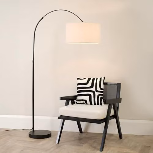 ValueLights Louis Black Metal Arched Floor Lamp with Beige Fabric Shade and LED Bulb – 2