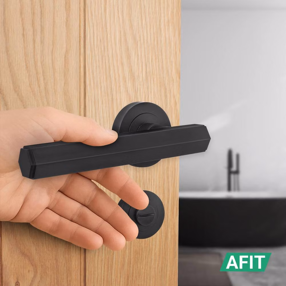 AFIT Matt Black Aluminium Bathroom Door Handle Set with Lock and Hinges – 5