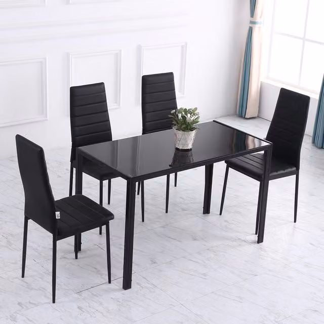 HOMCOM Modern Rectangular Dining Table with Black Glossy Tempered Glass Top