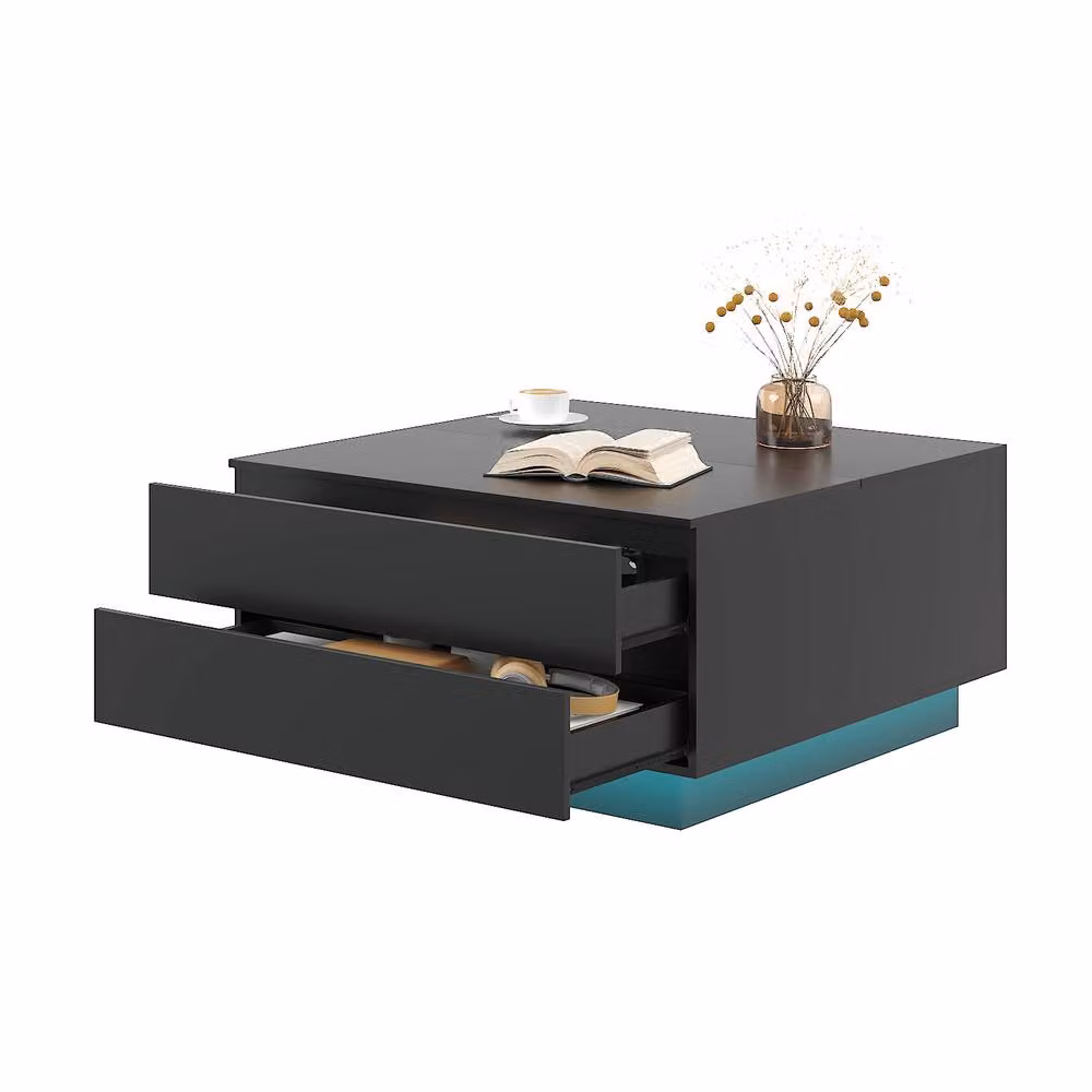KEEPREAPER Modern Square Coffee Table with Storage and LED Light in Black – 2