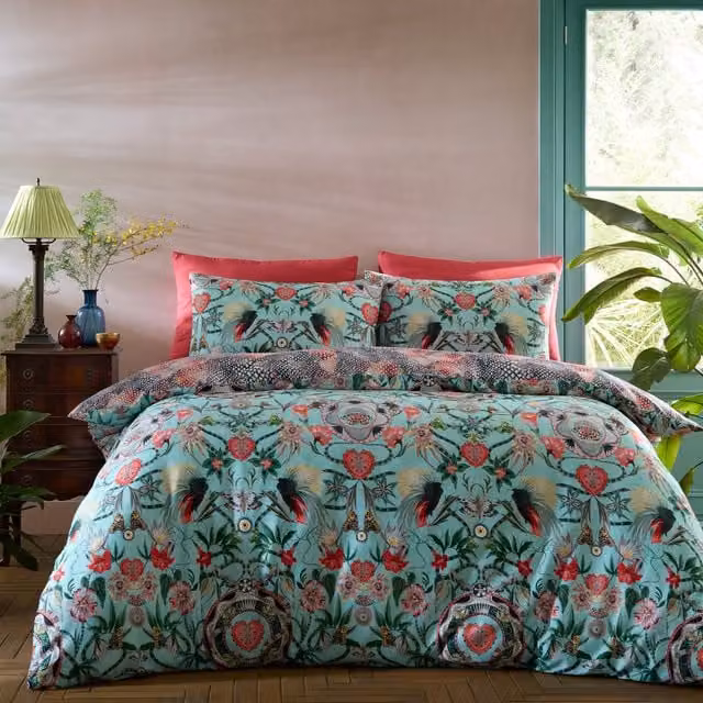 Matthew Williamson Green Floral Ikat Reversible Mako Satin Cotton Duvet Cover Set