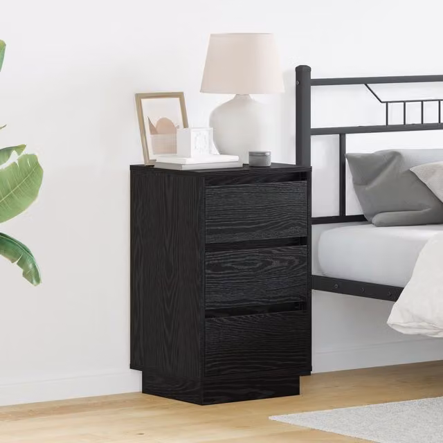 Berkfield Home Modern Black Oak Bedside Cabinet with Integrated LED Lighting, W: 39 cm, D: 34.5 cm, H: 65 cm – 1