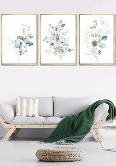 ARTZE Set of 3 Eucalyptus Watercolour Wall Art with Gold Frames in Green and Blue, W: 33 cm, H: 45 cm, D: 2 cm
