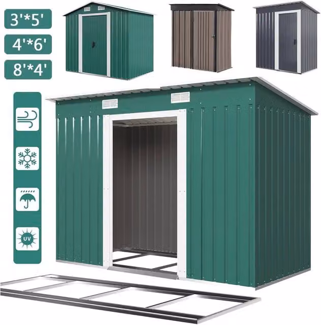 NESTLUNE Green Metal Garden Storage Shed with Double Doors and Foundation, W/D/H: 100 x 60 x 100 cm – 1