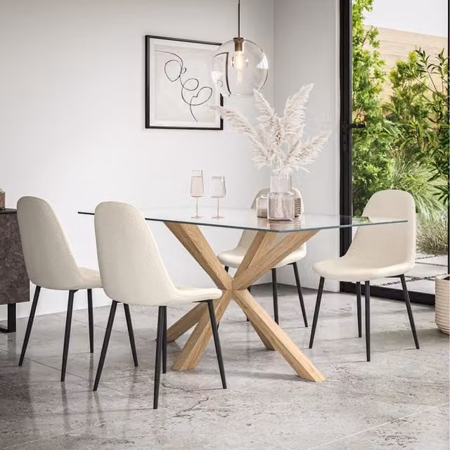 More4Homes Etta Glass Dining Table Set with Oak Legs and 4 Maya Boucle Chairs in Ivory White and Transparent