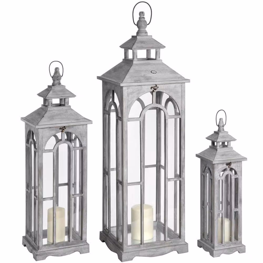 Wyld Haus Set of Three Greywashed Wooden Tabletop Lanterns with Arched Windows and Handles in Grey – 2