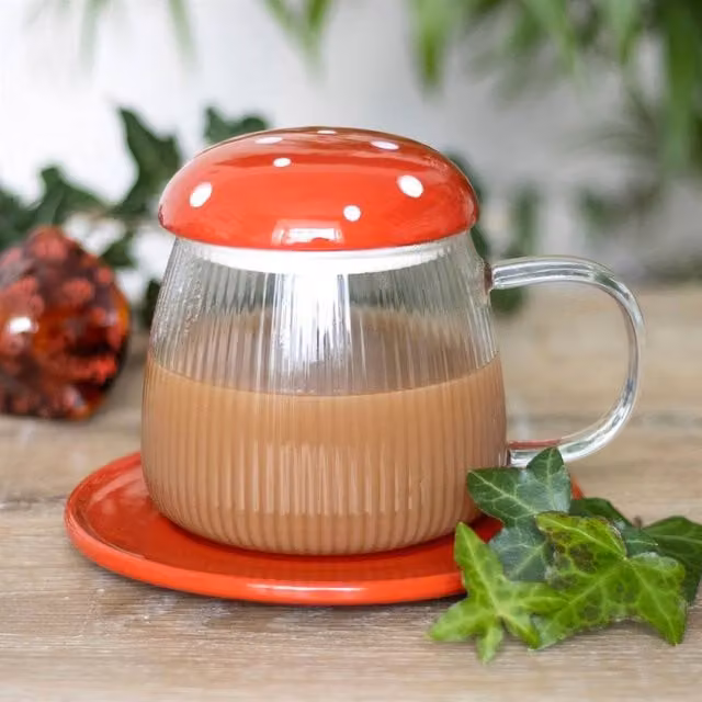 Uniqueful Red Glass Mushroom Mug and Saucer with Lid, 550ml – 1