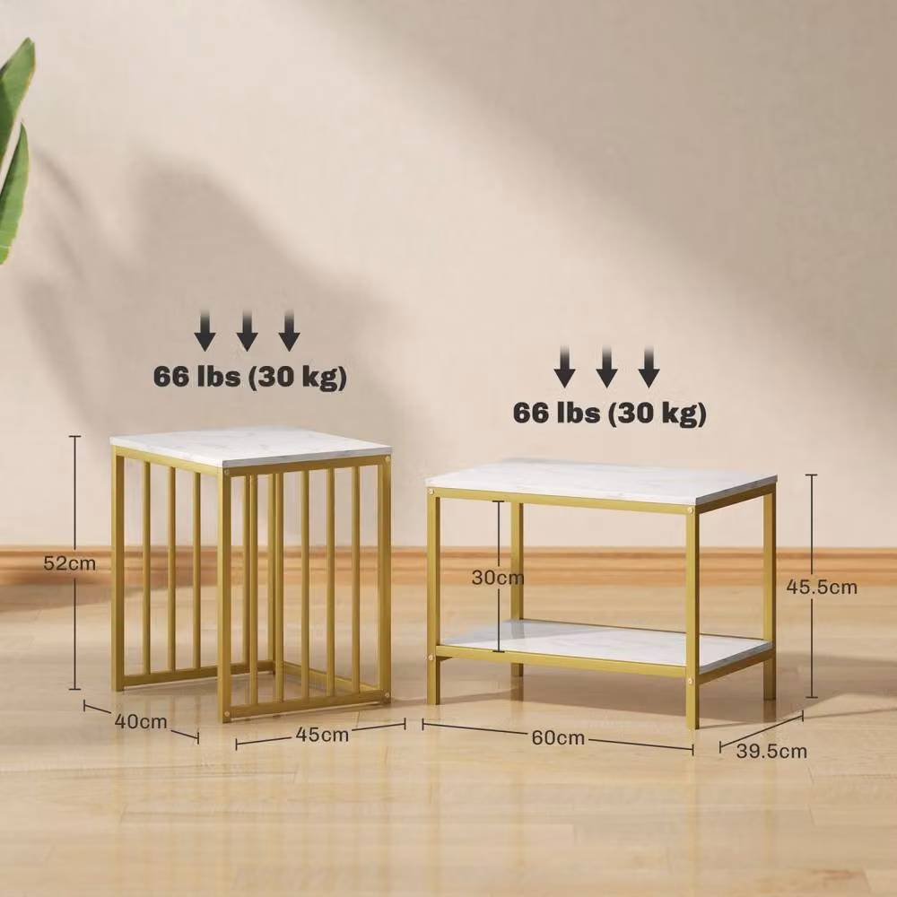 Wyld Haus Rolana Nesting Tables Set of 2 with Marble Effect Tops and Gold Tone Metal Frames in White – 3