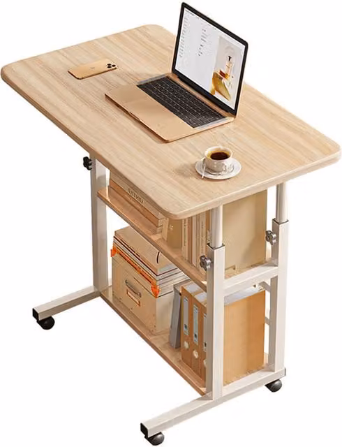 Livingandhome Height Adjustable Mobile Computer Desk with Castors, Champagne Beige