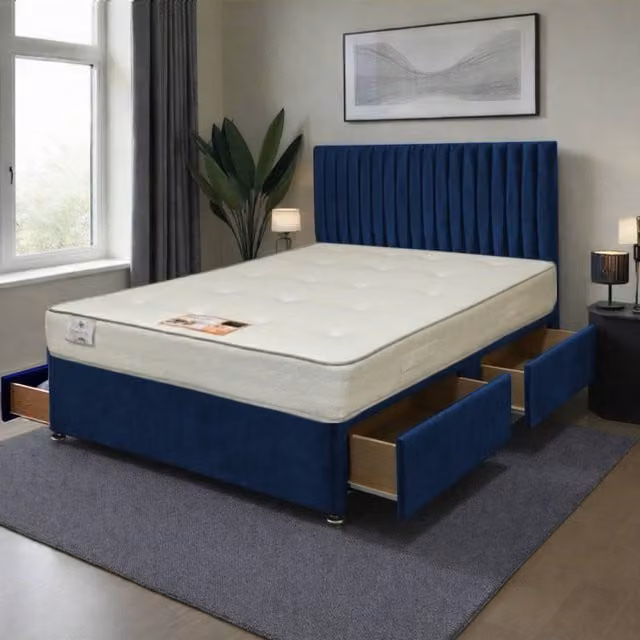Knight Sleep Emily Plush Bed Set with Princess Hybrid Mattress and Floorstanding Headboard in Navy Blue, W/D/H: 200 x 200 cm