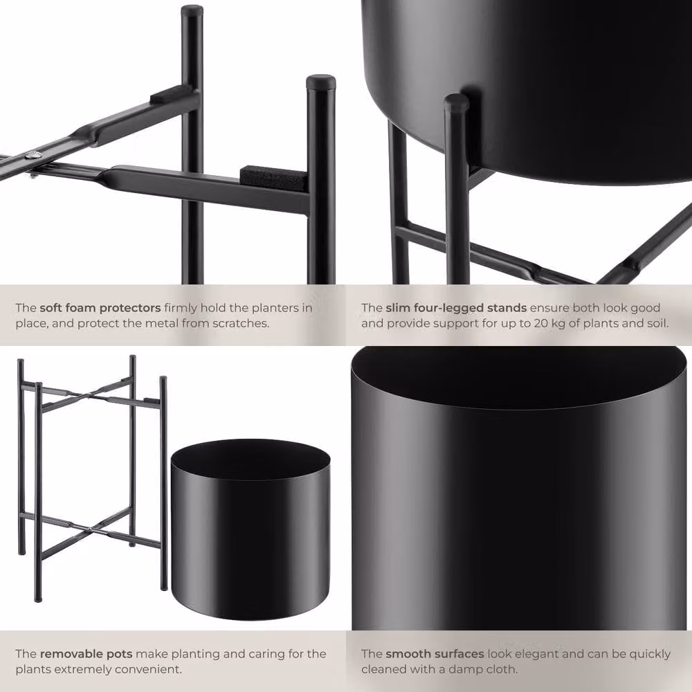tectake Kalmar Set of 2 Modern Round Black Steel Plant Stands – 4