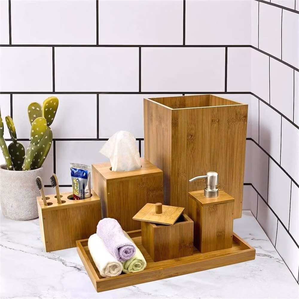 VOGREX 6-Piece Brown Bamboo Bathroom Accessory Set – 3