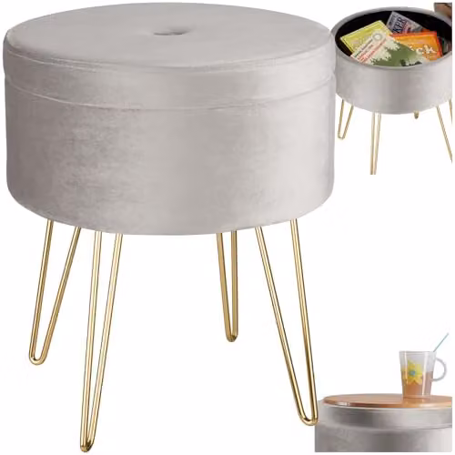 tectake Ava Round Velvet Stool with Storage Compartment in Grey and Gold – 1