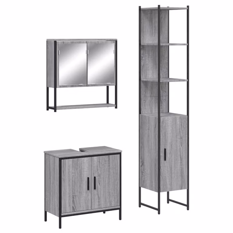 Berkfield Home 3 Piece Grey Bathroom Furniture Set including Mirror Cabinet, Vanity Unit and Tall Cabinet