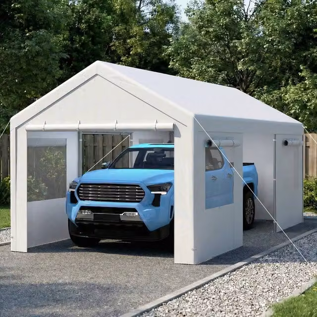 Costway White Car Canopy Carport with Roll-Up Windows and Removable Doors, W: 304.8 cm, D: 280 cm, H: 579.1 cm