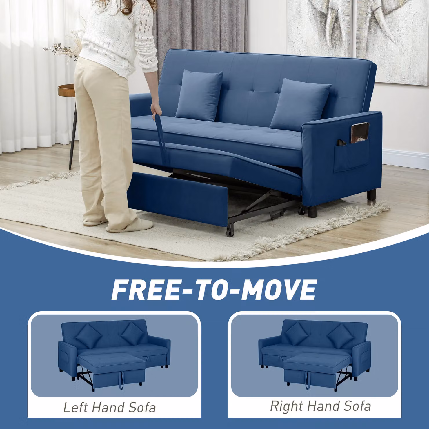 HOMCOM Reversible L-Shaped Sectional Sofa Bed in Blue Velvet Fabric with Scatter Cushions and Sleeping Function – 5