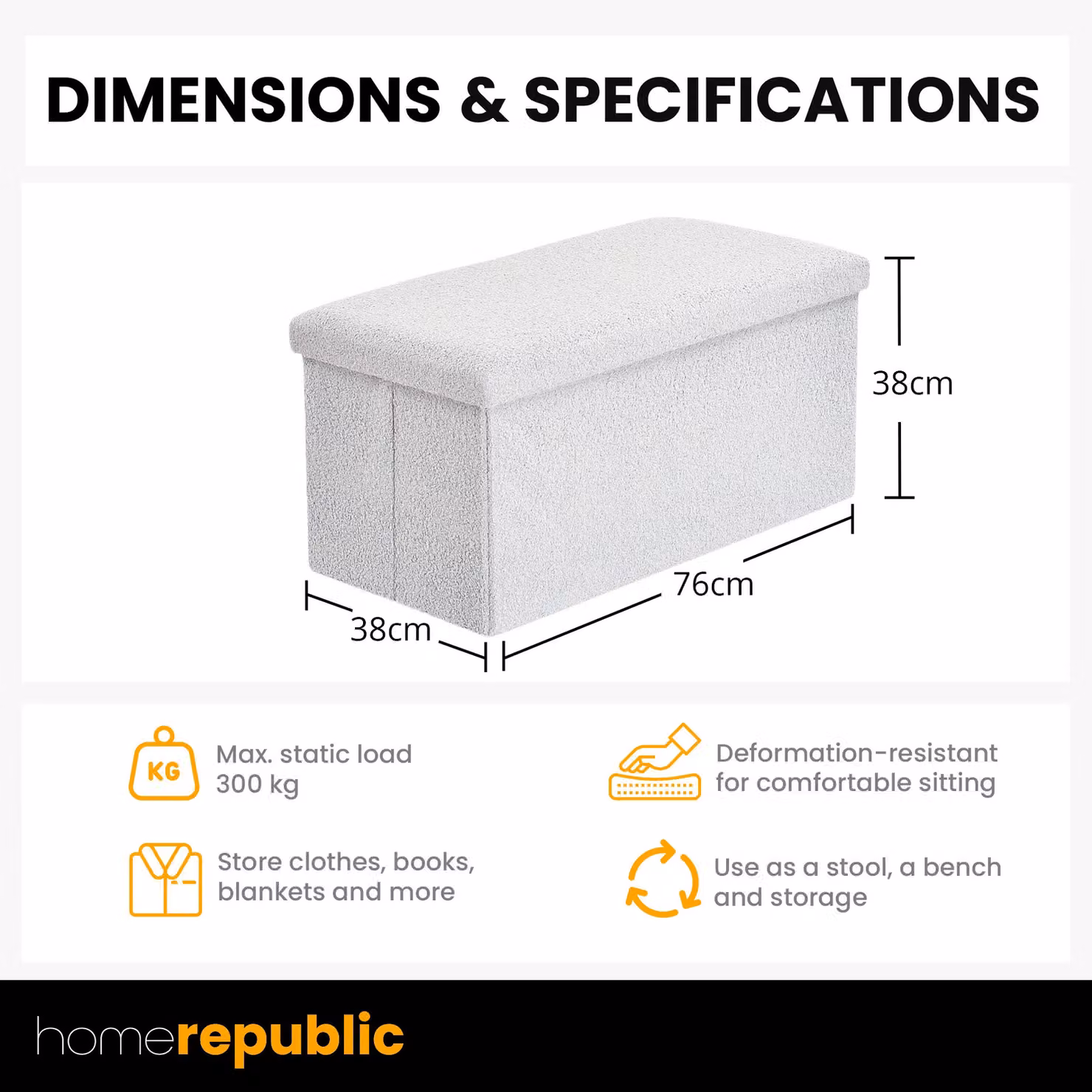 Home Republic Teddy Boucle Foldable Storage Ottoman in White, Small – 2