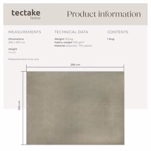 tectake Fluffy Short-Pile Rug in Sand, Washable and Non-Slip Polyester Carpet, W/D: 200 x 290 cm – 2