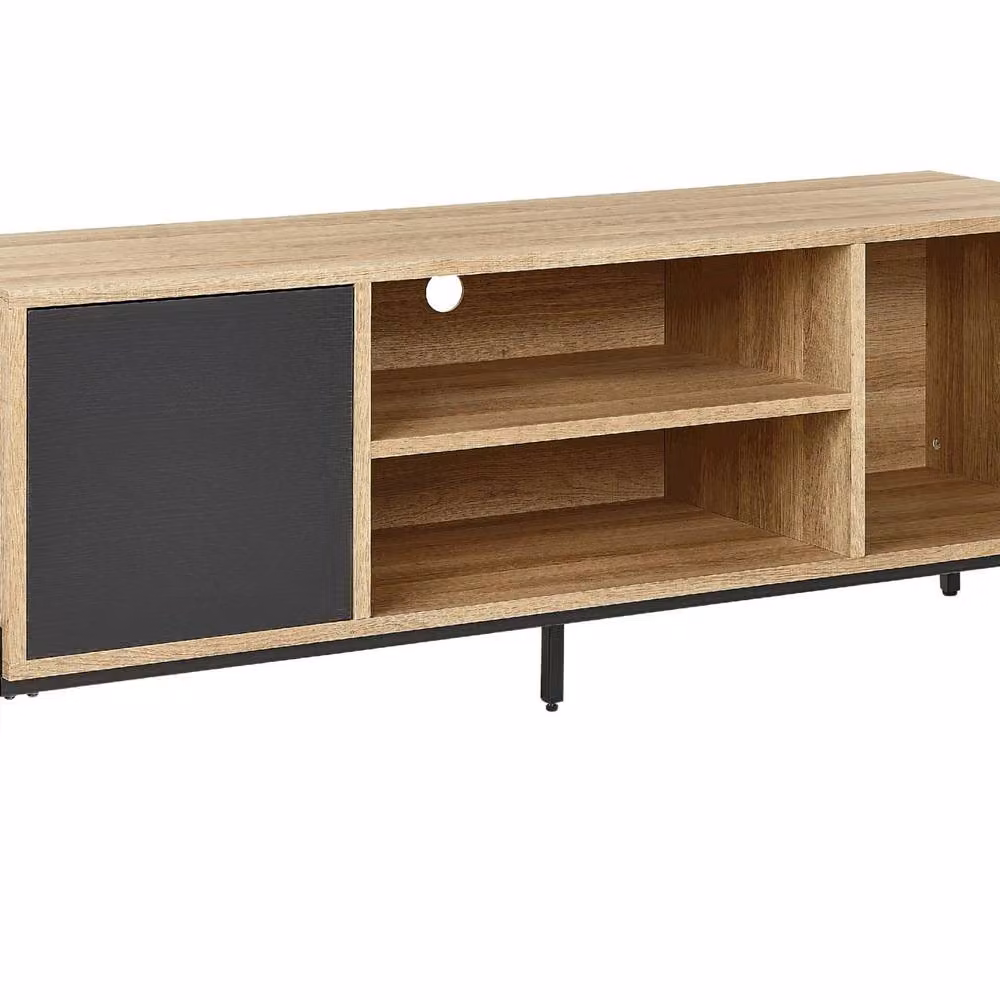 Wyld and Coco Modern TV Stand in Light Wood and Charcoal Grey with 1 Cabinet and 3 Shelves, W: 140 cm, D: 40 cm, H: 56 cm – 2
