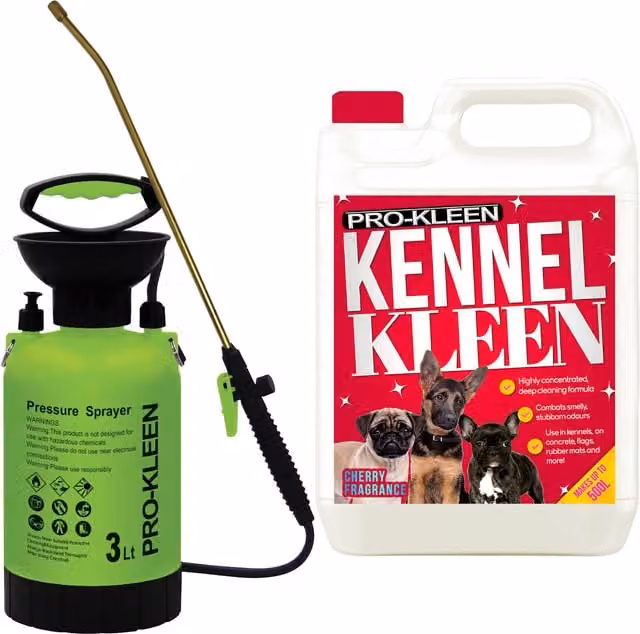 Pro-Kleen 3L Pump Sprayer with 5L Kennel Kleen in Red and Green