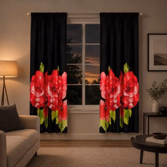 Smart Living Grace Floral Curtains Pair with Tie Backs in Black, Width: 167 cm, Drop: 183 cm – 1
