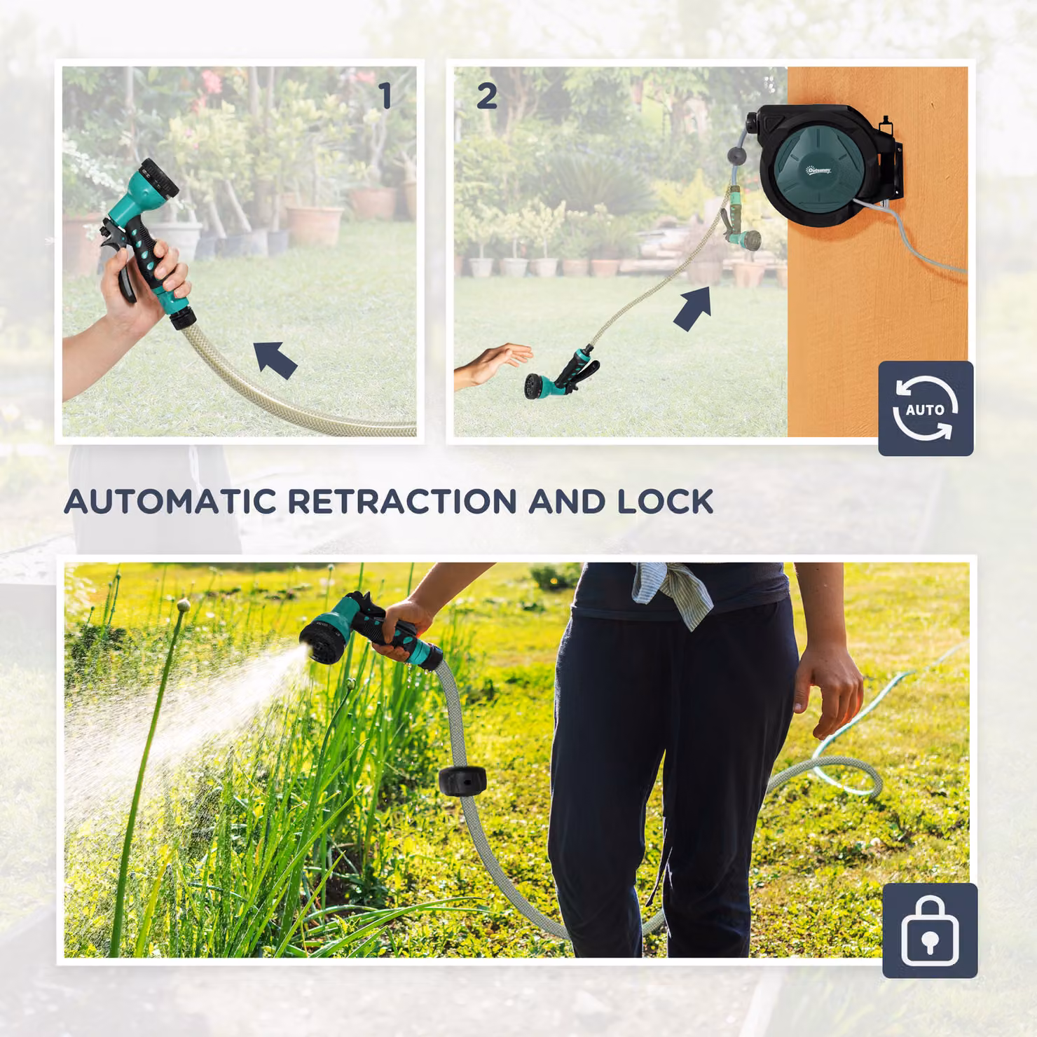 Outsunny Retractable Wall Mounted Garden Hose Reel with 30+2m Hose, 7 in 1 Spray Nozzle and 180 Degree Swivel, Green, W/D/H: 59 x 23 x 42 cm – 6
