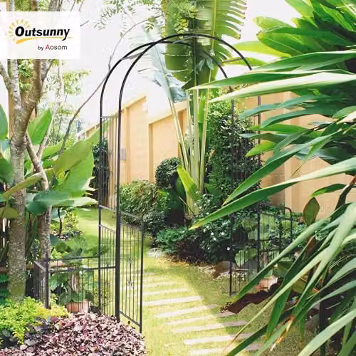 Outsunny Metal Garden Arbor Arch with Gate and Planter Boxes, Black, H 220 x W 200 x D 50 cm – 2