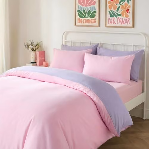 OHS Reversible Microfibre Duvet Cover and Pillowcase Set in Pink and Purple, W/D/H: 200 x 200 cm