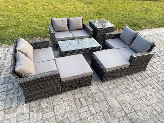 Fimous U Shape Rattan Garden Furniture Set in Dark Grey with Coffee Table, Double Seater Sofa and 2 Ottomans