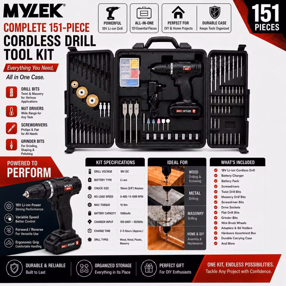 MYLEK 18V Cordless Drill with 151 Piece Accessory Kit and Carry Case, Black – 2