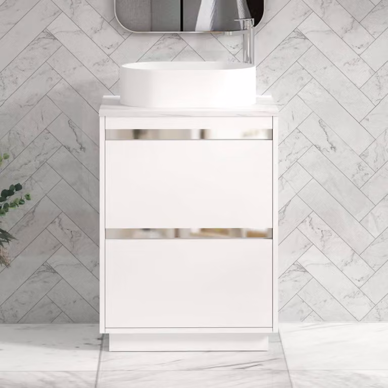 Royal Bathrooms Orion 600mm Matt White Floor Standing 2 Drawer Vanity Unit with Peak Basin and Chrome Accent Trim