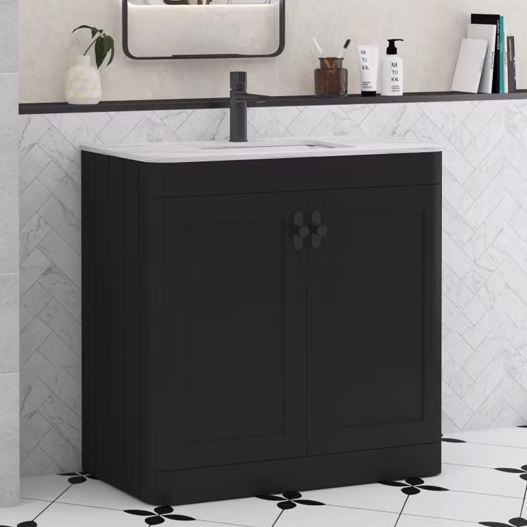 Royal Bathrooms Henley 800mm Matt Nocturne Black Floor Standing 2 Door Vanity Unit with Undrilled Carrara White Stone Top