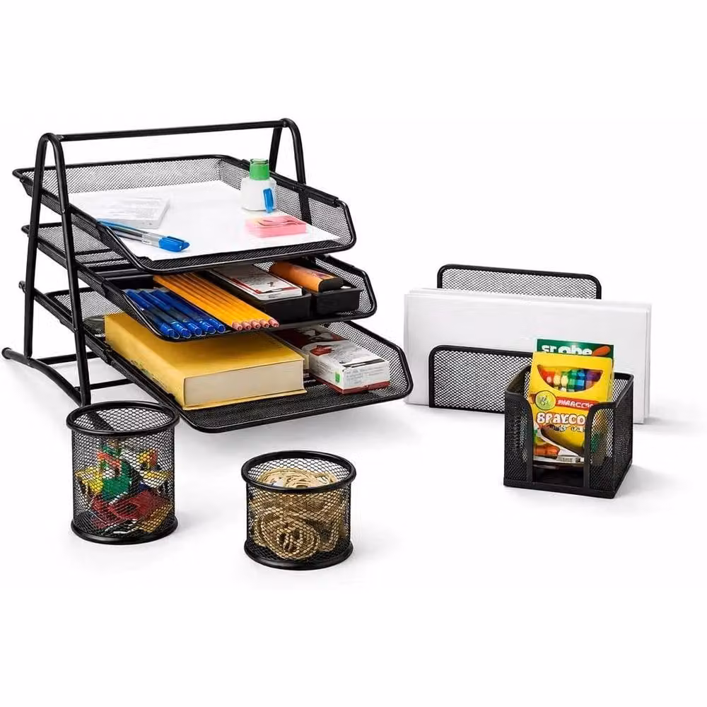 FLAVORA Black Mesh 5-Piece Office Desk Organiser Set – 3