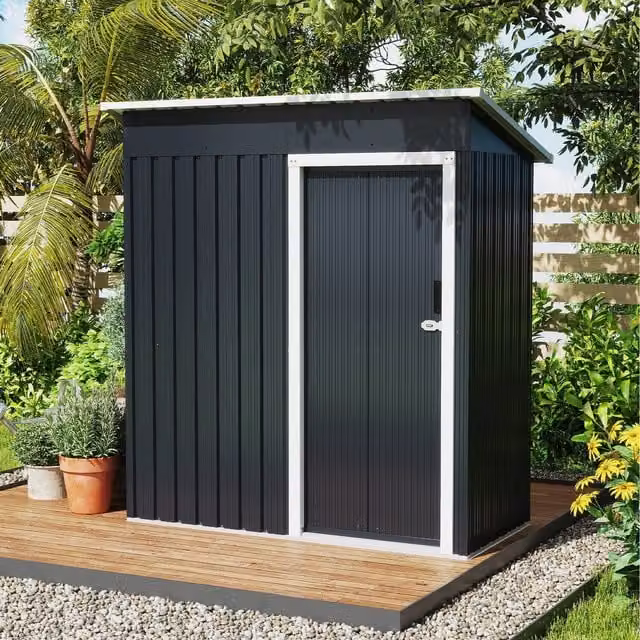 COSTWAY Modern Pent Steel Garden Shed with Sliding Doors in Grey and Black
