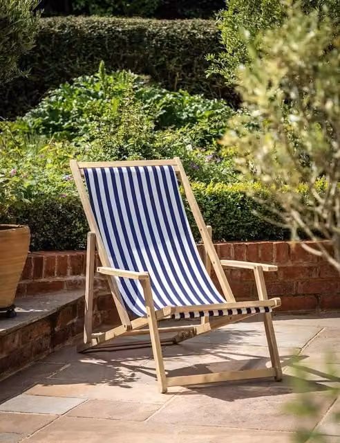 Gallery Direct Striped Maritime Navy Blue Acacia Wood Deck Chair with Armrests and Multi-Position Glide