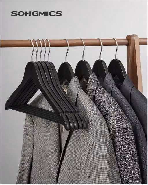 SONGMICS Black Wooden Hangers with Anti-Slip Trousers Bar and Notches