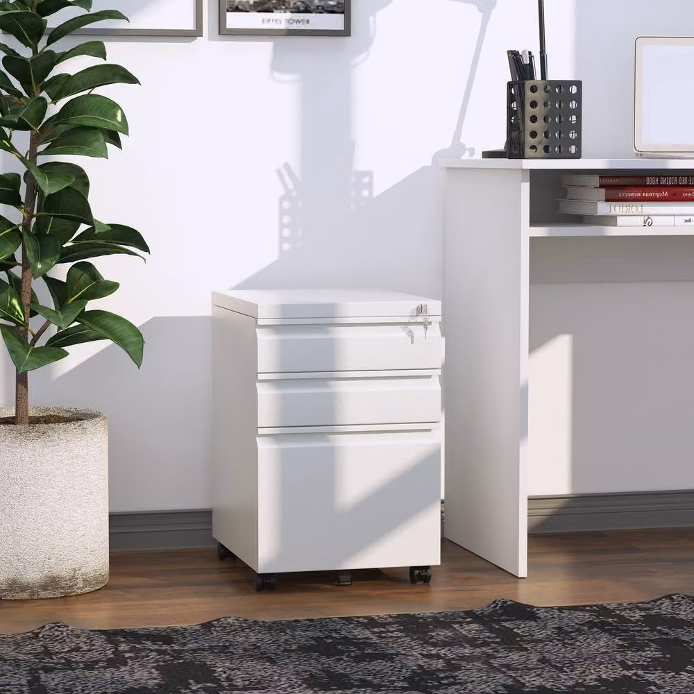 ERGOVEXA 3 Drawer Metal Filing Cabinet in White with Lock and Castors, H: 60 cm, W: 39 cm, D: 40 cm – 3