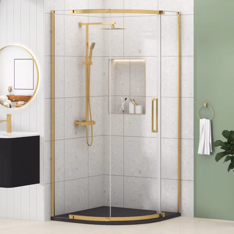 Royal Bathrooms Chelsea Single Door Quadrant Shower Enclosure with Black Mineral Cast Stone Tray, Brushed Brass, W: 90 cm, H: 195 cm