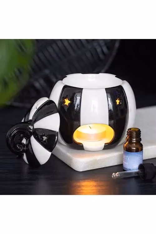 KDMD Black and White Striped Ceramic Pumpkin Oil Burner and Tealight Lamp for Halloween – 2