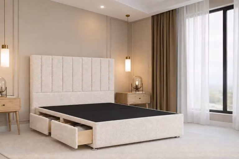 Chester & Oakley Lunar Teddy Divan Bed Base with 4 Drawers and Headboard, Beige, W/D/H: 200 x 200 cm